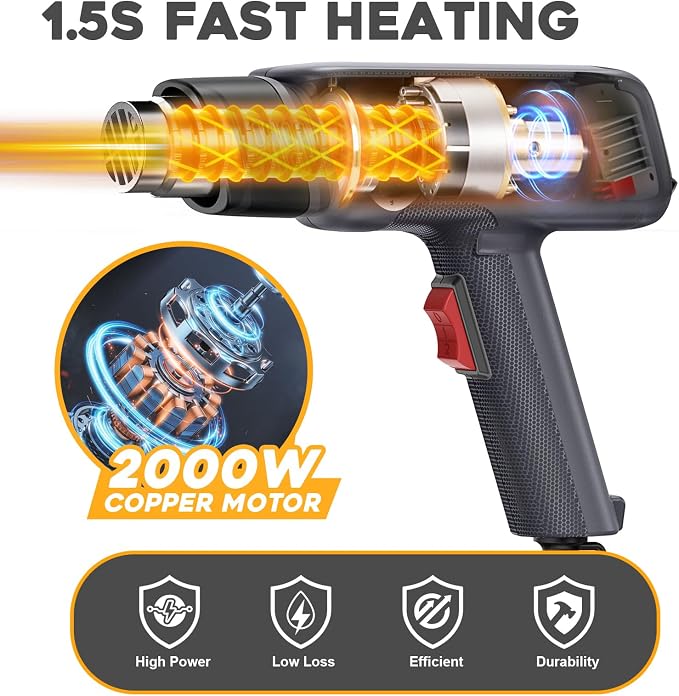 Heat Gun, 1800W Professional Hot Air Gun 400℃ & 600℃ Dual-Temperature Settings, Overload Protection, Double Heating Wire Fast Heating, 6 Accessories for Paint Stripping, Crafts (Black)