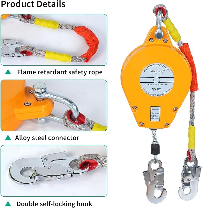 50FT Self Retracting Lifeline, Adjustable Retractable Lifeline Fall Protection Rope, Heavy Duty Retractable Lanyard, Roofing Lifelines, Industrial Fall Arrest Retractor
