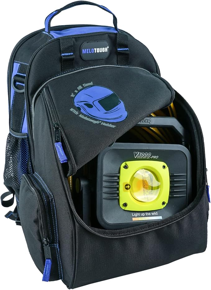 MELOTOUGH Electrician Tool Bag Welding Tool Backpack with Helmet Catch Heavy Duty Tool Organizer Bag for Electrician, Carpenter,Tradesman,Construction,HVAC,Welder (Blue)