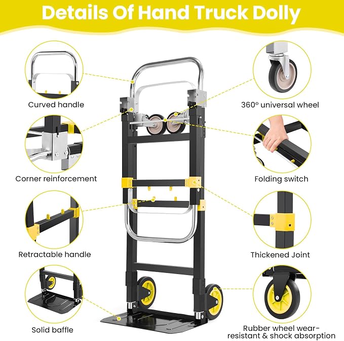 3-in-1 Convertible Heavy Duty Folding Hand Truck Dolly, 600LB Capacity with Rubber& Wheels Telescoping Handles, Portable Collapsible Cart for Warehouse, Supermarket, Office (Yellow)