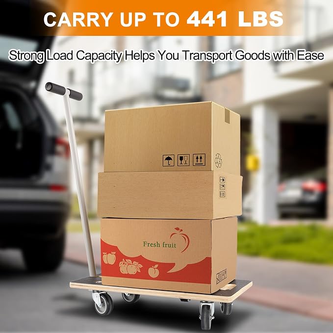Heavy Duty Rectangle Wood Platform Dolly with Handle - 441-Lb Cap. | 3" TPR Wheels, Multifunctional Furniture & Plant Mover for Transporting Heavy Items