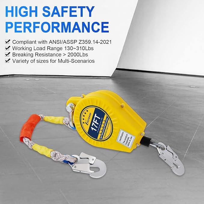 Self Retractable Lifeline Fall Protection Arrester 17FT Double Locking Roofing Safety Rope Lanyard Fall Arrest Gear, Dual Alloy Steel PPE shell Heavy Duty Hook Cable Wire