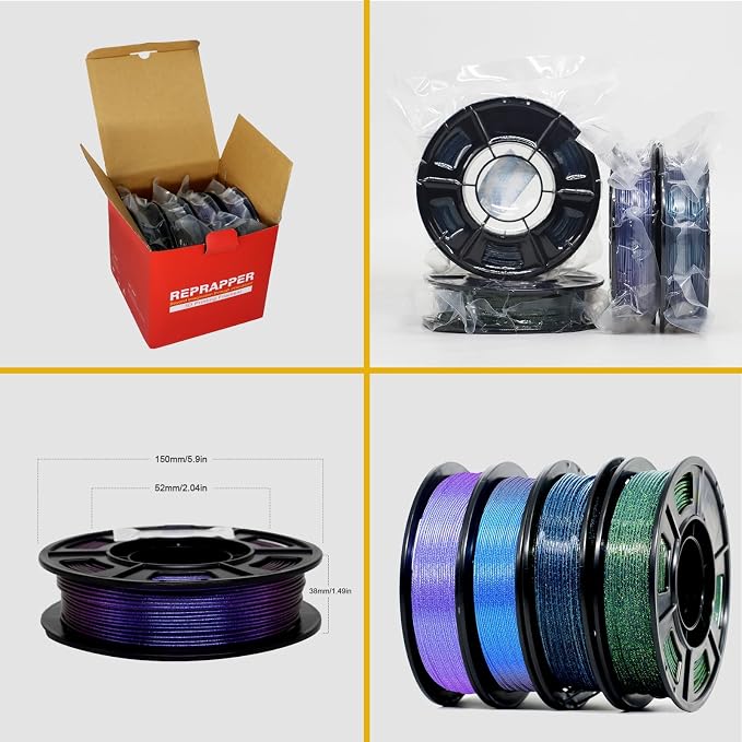 RepRapper Glitter Multicolor Mixed 250g*4 Sample Pack, Shiny Galaxy PLA Filament 1.75mm, Glow in the Dark Green 3D Printer Filament, Sparkle Laser Series 3D Printing Filament for 3D Printer