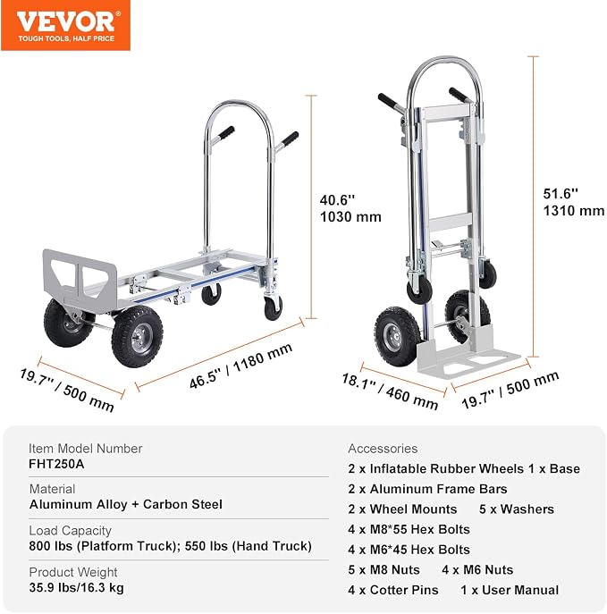 VEVOR Aluminum Truck, 2 in 1, 800 lbs Load Capacity, Heavy Duty Industrial Convertible Folding Hand Truck and Dolly, Utility Cart Converts from Hand Truck to Platform Cart with Rubber Wheels