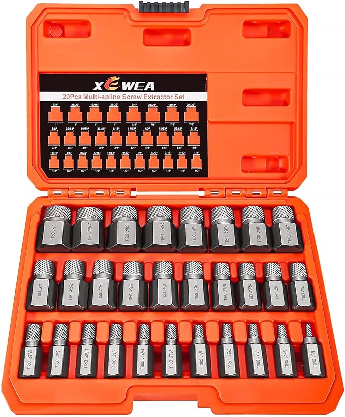 XEWEA 29PCS Screw Extractor Set Hex Head Multi-Spline Easy Out Bolt Extractor Set, Chrome Molybdenum Alloy Steel Rounded Bolt Remover