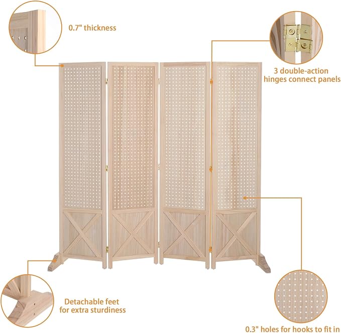 VINGLI Freestanding Pegboard with Support Feet, 5 FT Wood Room Divider Display Board Organizer, Folding Privacy Screen Partition Space Separator for Craft Shows Events Retail (Natural, 4 Panel)