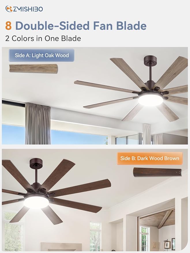 ZMISHIBO 65 Inch Ceiling Fan with Light, Indoor/Outdoor Ceiling Fans with Large LED Panel, Quiet Reversible DC Motor, 6-Speeds, 3CCT, Brown Farmhouse Ceiling Fan for Patio, Livingroom, Bedroom