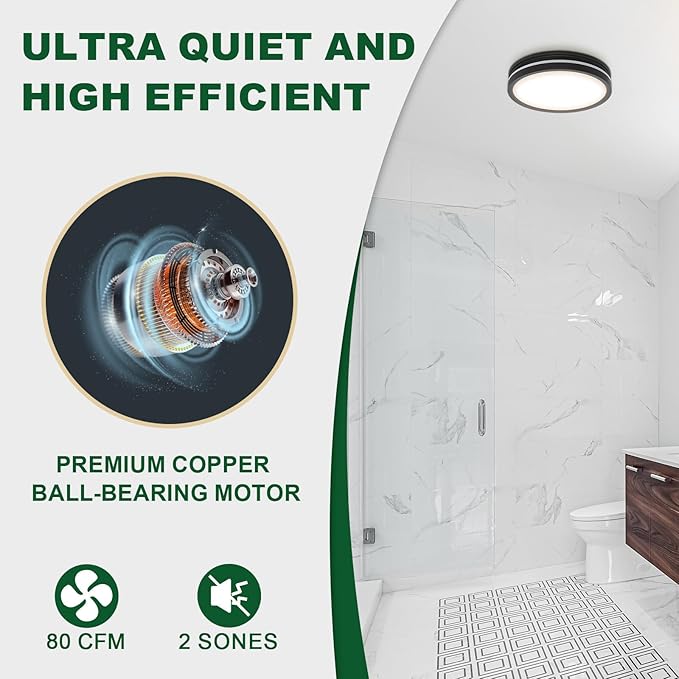 Akicon Bathroom Exhaust Fan with Light, 80 CFM 2.0 Sones Bathroom Fans for Ceiling, 3CCT 15W Dimmable LED Light and 3.5W Nightlight Vent Fan Combo for Home, Round, Black