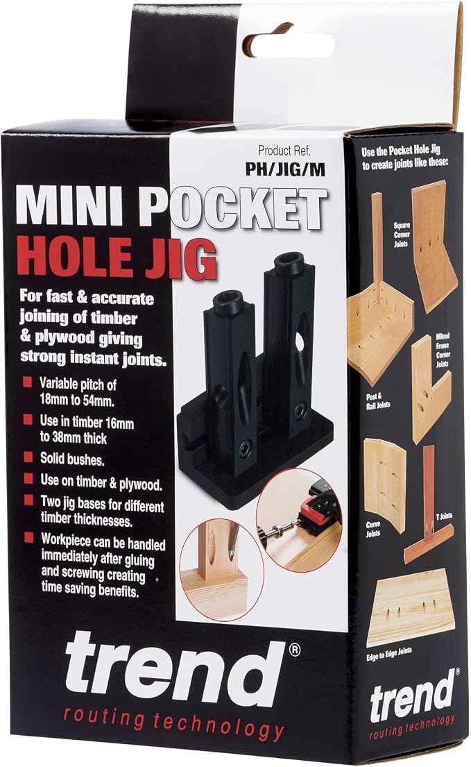 Trend Mini Twin Pocket Hole Jig with HSS Drill Bit & Depth Setting Collar, Square Drive Bit & Pocket Hole Screws Selection, PH/JIG/M