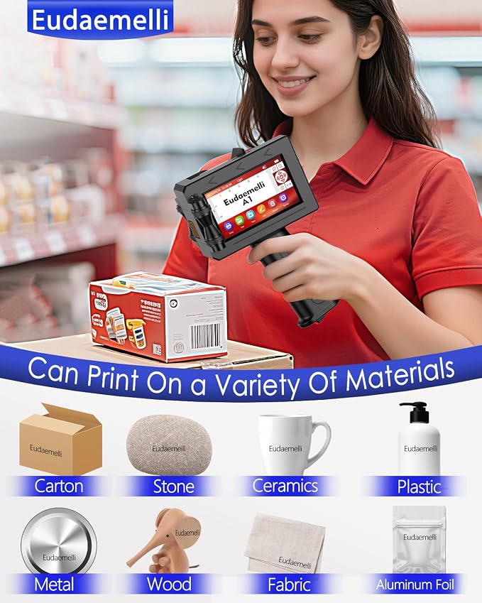 A1 Handheld Inkjet Printer Gun,0.5 Inch Portable Handheld Ink jet Printer Gun with 42ml Quick-Drying Ink Inkjet Coding Machine for Expiry Date/Batch Number/Text/Logo/QR Code/Barcode/Serial Number