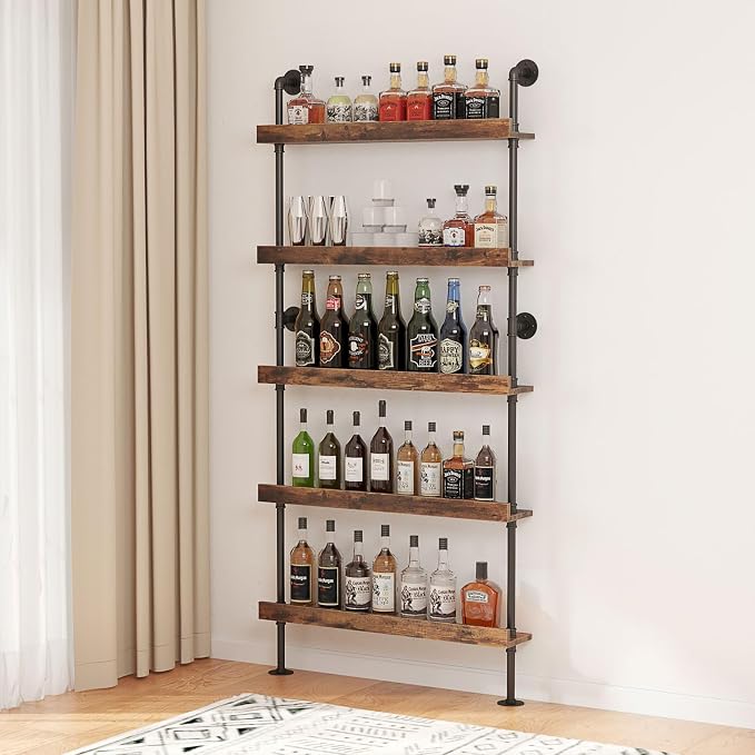 5-Tier Wall Mounted Wine Rack, Floating Bar Shelves, Liquor Bottle Shelf Display, Holds 30+ Bottles, Space Saving (31.5" W x 79" H)