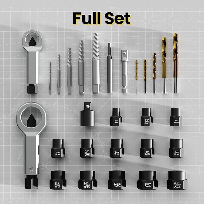 28PCS Bolt Extractor Set, Impact Nut/Bolt Removal Drill Kit, Broken Nut and Bolt Extractor, Cr-Mo Steel, for Removing Socket Screws, Broken Bolts