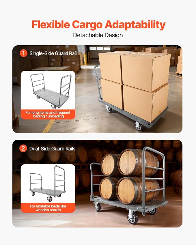 VEVOR 2 in 1Platform Truck, 2650 LBS Heavy Duty Flatbed Cart Dolly with Detachable Rear Guardrail and Swivel Wheels, Foldable Hand Push Truck Cart for Groceries, Garage, Warehouse (48"×24")