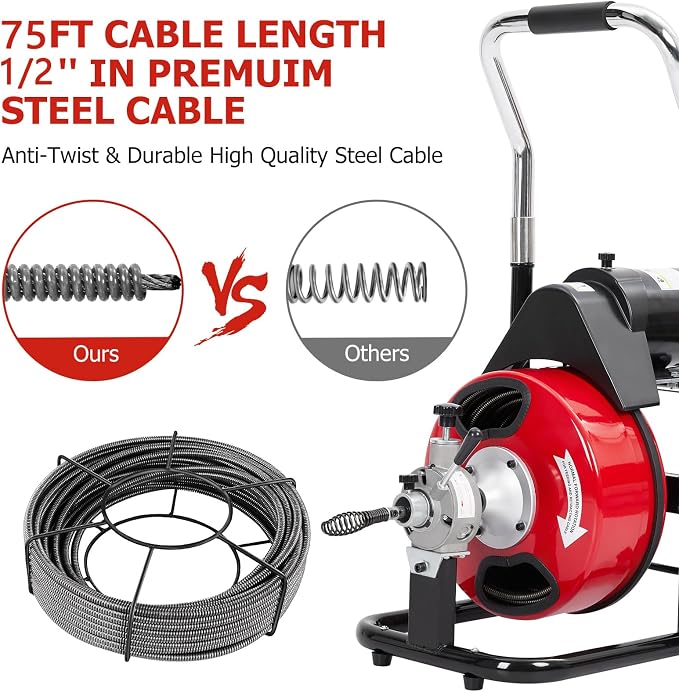 75FT x 1/2 Inch Electric Drain Cleaner Machine, Electric Drain Auger with Auto Feed Sewer Snake, 4 Cutters, Air-Activated Foot Switch, for 1-4 Inch Pipes, Toilets and Sinks