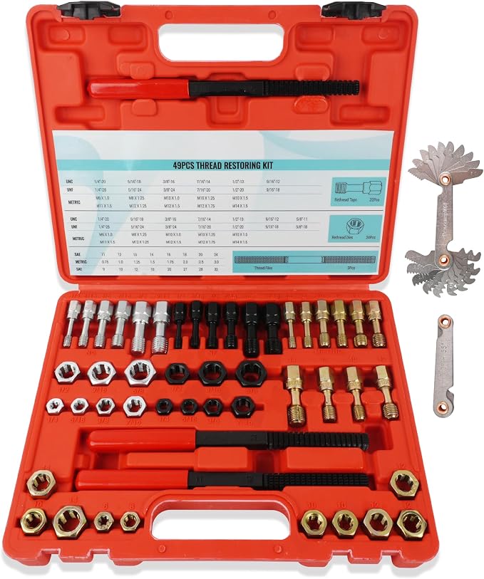 51PCS Thread Restorer Tool, Thread Repair Tool Kit, Thread Files | 22 Taps 24 Dies 3 Thread Files 2 Thread Gauges，Master Thread Rethreading Kit UNC UNF & Metric Thread Chaser Set