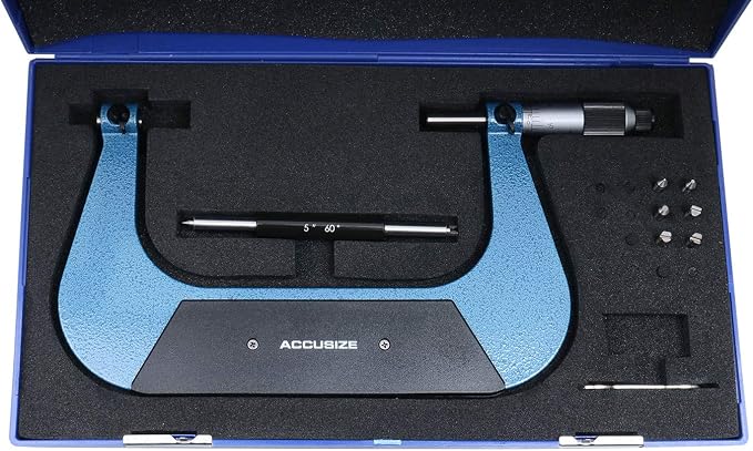 Accusize Industrial Tools 5-6'' by 0.001'' Screw Thread Micrometer with 3 Anvil in Fitted Box, S916-C755 | 3 Anvil Sets: 13-9, 8-5, 4.5-3.5 TPI, 0.001" Resolution, ±0.00016" Accuracy