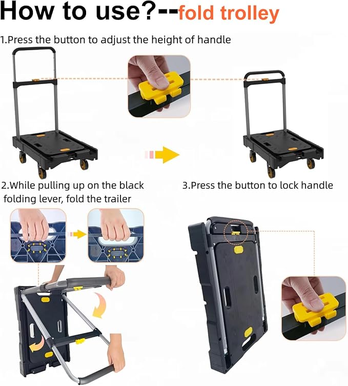 Folding Platform Hand Truck Push Cart Foldable Dolly Cart Portable Trolley 300lb Heavy Load Capacity, Adjustable Handle with Swivel Wheels for Garage Garden Home Office Travel Shopping Use