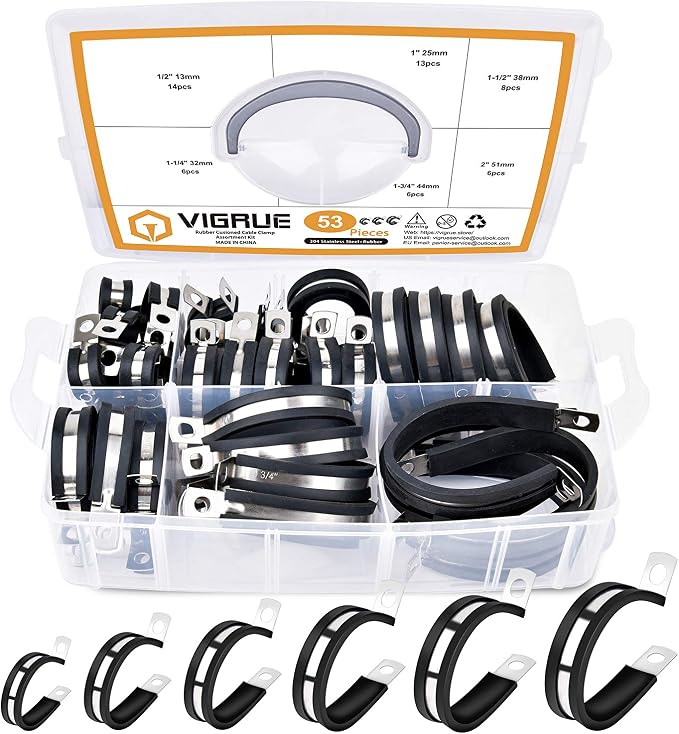 VIGRUE Cable Clamps Assortment Kit, 53PCS Large Rubber Pipe Clamps 304 Stainless Steel Rubber Cushion Wire Clamps in 6 Sizes 1/2'' 1'' 1.25'' 1.5'' 1.75'' 2''