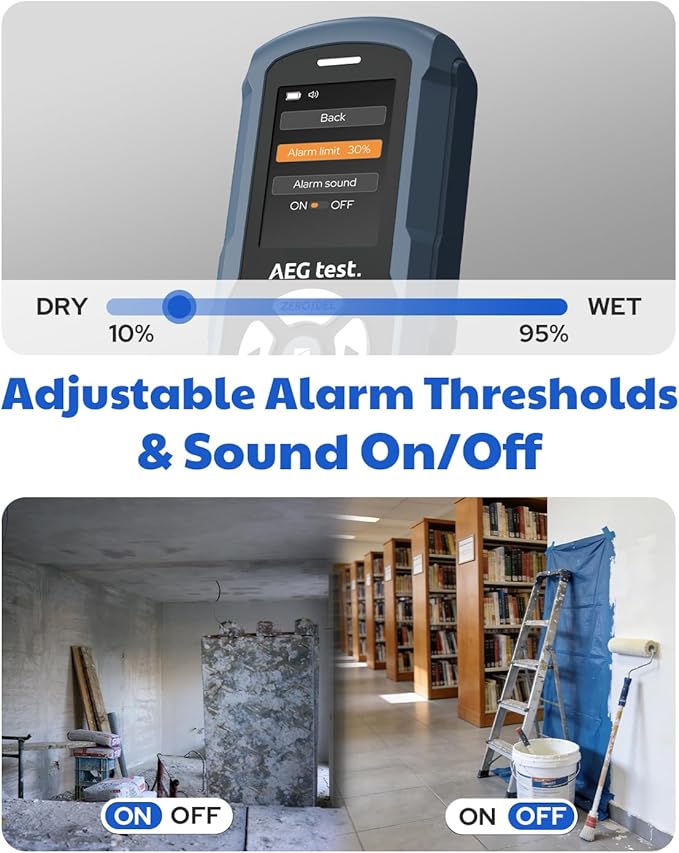 AWT-380 Rechargeable Pinless Moisture Meter for Wood, Drywall & Masonry, Wood Moisture Meter with Color Display, Adjustable Alarm, Data Records, Non-Destructive Water Leak Detector for Home