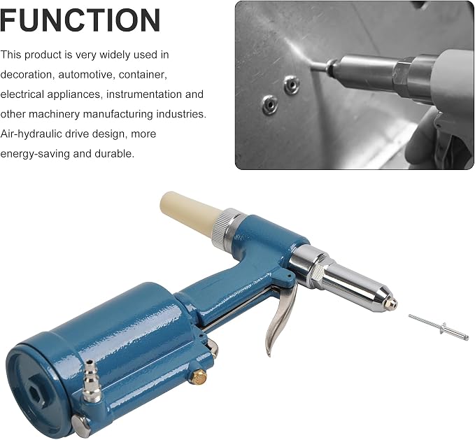 Pneumatic Rivet Gun Heavy Duty Pop Rivet Gun Tool Kit with 3/16" 5/32" 1/8" and 3/32" Nosepieces, Air Hydraulic Rivet Gun for Automobile, Elevator, Furniture, Instrument (4 nozzles)