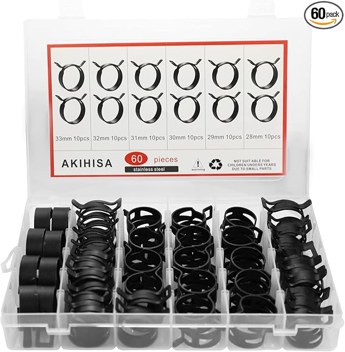 AKIHISA 60 Pcs 28-33mm Spring Hose Clamp, Spring steel 65Mn Fuel Hose Clamp, 6 sizes for Silicone Vacuum Fuel Oil Hose Line Clamps