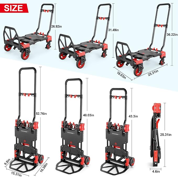 330LB Folding Hand Truck Heavy Duty Carrying, Combination of Four Wheels and Two Wheels Convertible Dolly Cart with Retractable Handle Dolly for Moving Office Carts.