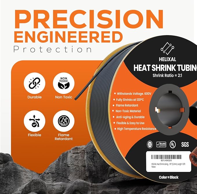 1/8" 3.2mm HELIXAL 2:1 Heat Shrink Tubing, Electrical Industrial Shrink Tube for Wire Insulation, Shrink Wrap Tubing, Electrical Insulation, Flame Retardant Cable Management Spool 120ft