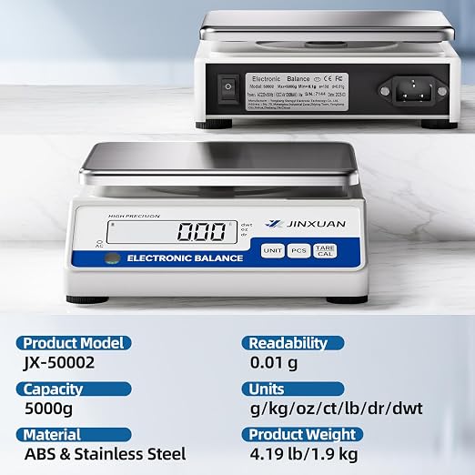 Digital Lab Scale 0.01g Accuracy 5000g Analytical Balance Scale Precision Scale for Weighing Gold Silver Jewelry Diamond Powder Grain Food, Electronic Gram Scale with 500g Weight, LCD Display, 7units