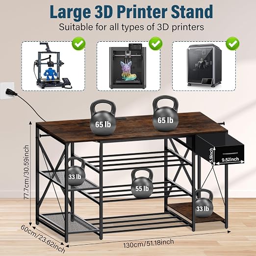 Upgrade Heavy Duty 3D Printer Table with Storage, Large 4-Tier 3D Printer Stand with Power Outlet & Drawer, Sturdy Wooden Desk & Metal Filament Rack for Workshop, Home Office(Brown)