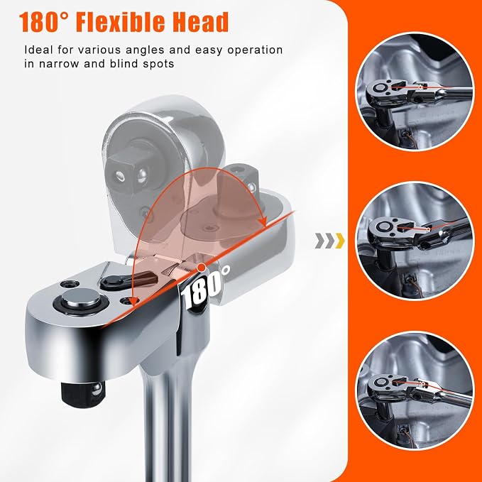 Matework 7Pcs Flex Head Ratchet Set, 1/4”, 3/8” and 1/2” Drive Swivel Ratchet Wrench with 180° Flex Head, 90 Tooth, Quick-Release, Extra Long Handle Ratchet with Extension Bar and EVA Foam, CR-V Steel