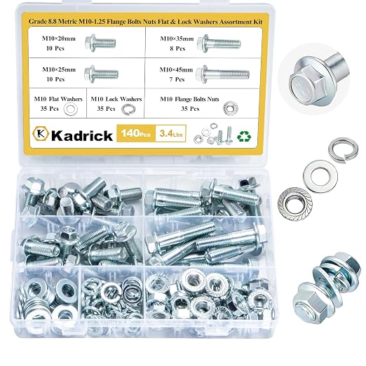 Kadrick 140Pcs Flange Hex Bolts and Nuts Kit,M10 x1.25（M6-1.0 M8 x1.25 Available） (20mm to 45mm) Metric Bolt Assortment,Alloy Steel Class 8.8 Zinc Plated