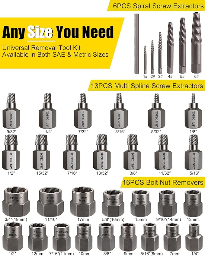 Topec 36Pcs Screw & Bolt Extractor Kit, 3-in-1 Easy Out Screw Extractor Set, 3/8" Drive Broken Bolt Extractor Socket Set, for Damaged, Rounded, Stripped Screw Removal