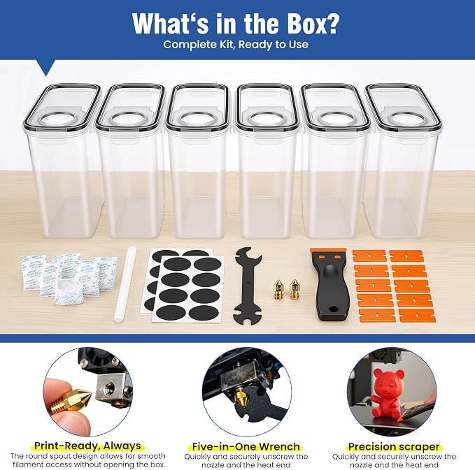 6 Pack 4L Filament Storage Box Hygrometer Airtight Dry Box for 3D Printer Filament Sealing, Complete Kit: 11 Pcs Spatula/Blades, 2 MK8 Nozzles, Wrench, Pen, Stickers & Reusable Desiccant