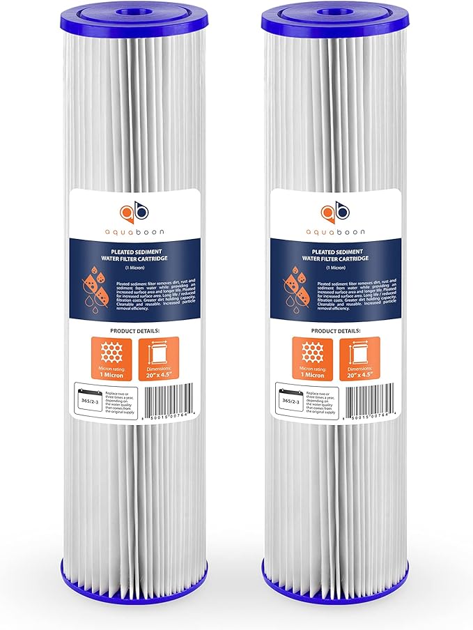 Aquaboon 1 Micron Whole House Pleated Sediment Water Filter Cartridge 20x4.5 Well Filter Replacement Compatible with ECP5-20BB, SPC-45-1005, 2 Pack