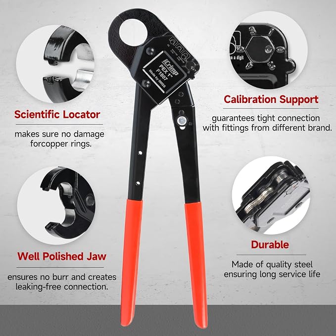 iCrimp Angle Head F1807 PEX Pipe Crimping Tool for Copper Rings - 1/2&3/4&1-inch Three Crimper Set with Cutter, Suitable for Tight Spaces