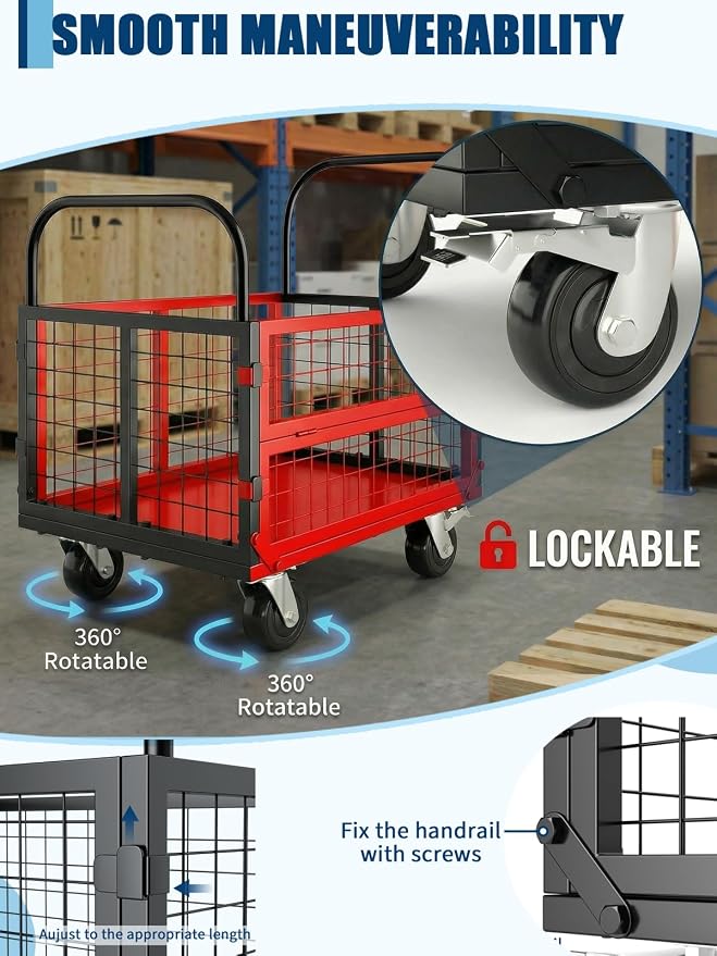 GarveeTech Platform Truck Cart with Cage, 6-in-1 Multi-Purpose Flatbed Cart, Foldable Hand Truck Load 1800LBS with 4 Wheels Push Dolly for Grocery, Laundry, Garage, Warehouse (Red+Black)