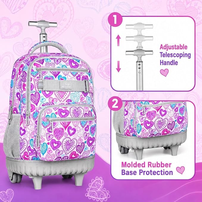 3Pcs Rolling Backpack for Girls Women, Travel Roller Backpacks with Wheels for Adults, Teens College Love Wheeled Bookbag with Lunch Box(Ash Powder)