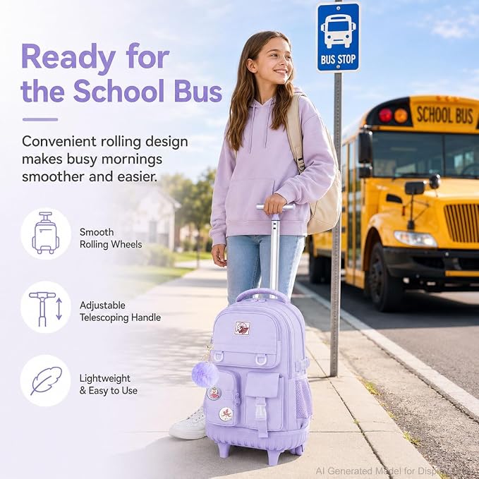 CCJPX Rolling Backpack for Girls Women, 21 inch Roller Wheels School Bookbag, Wheeled Suitcase Backpacks with Lunch Bag for Teen - Purple