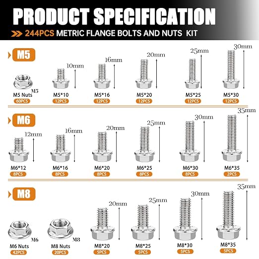 mankk 244PCS 304 Stainless Steel Metric Flange Bolts and Nuts Assortment Kit M5/M6/M8(10mm to 35mm) Hex Bolts and Nuts Kit for Automotive