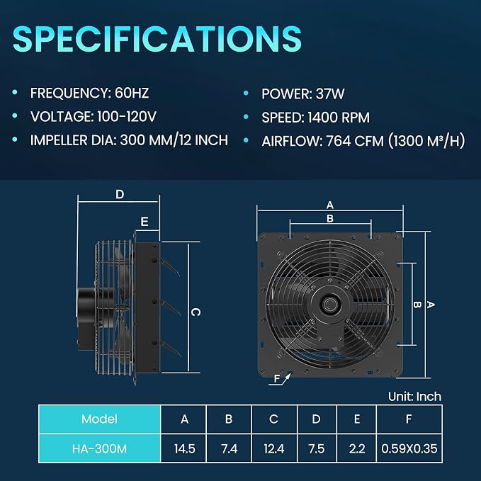 HG Power Upgraded 12 Inch Shutter Exhaust Fan, 764CFM High-Speed, 1400RPM Wall-Mounted Ventilation Fan for Shed, Garage, Greenhouse - with Mesh Screen, ON/OFF Switch & 8FT Power Cord, Black