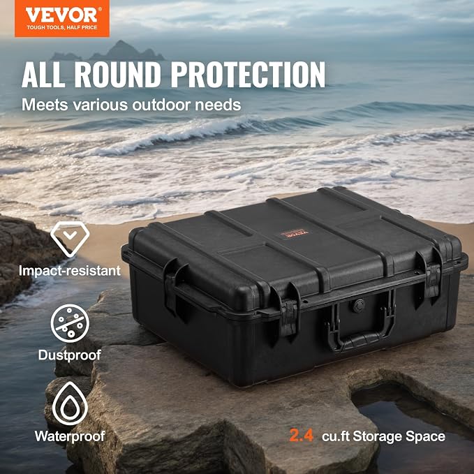 VEVOR Weatherproof Hard Case, Heavy Duty Protective Dry Box with Pre-cut Foam, and Retractable Pull Handles for Travel, Hunting, Military, Tactical, IP67 Waterproof Case for Cameras (24.4×19.3×8.9)