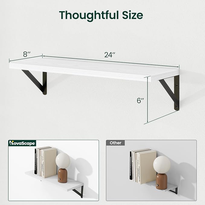 Floating Shelves 8 Inch Deep, 24W x 8D Wall Shelf Set of 2, 50 lbs Heavy Duty Reversible Metal Brackets, Industrial Book Shelf for Living Room Kitchen Bathroom Bedroom Gallery Wall, White