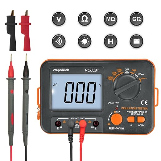 Megohmmeter Insulation Resistance Tester, 1999 Counts Megaohm Meter 200MΩ~2K Megohm Megger with DC250/500/1000V AC750V Testing Voltage, Digital Multimeter Measure with Data Hold Backlit