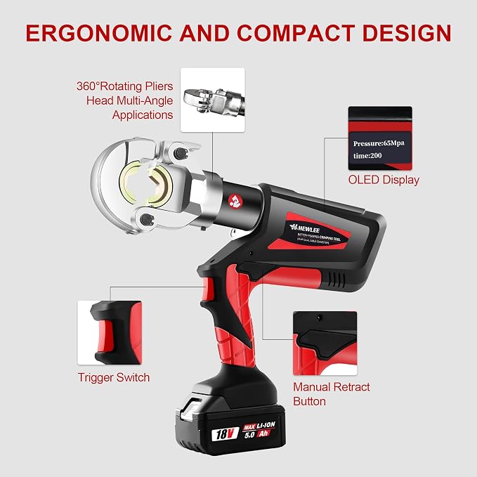 Electric Wire Cable Crimper Battery Powered Hydraulic Crimping Tool Range 8AWG to 600MCM with 12 Dies, Electricians for Circuit Repairs and Stainless Steel Deck Upgrades (HL-300B)