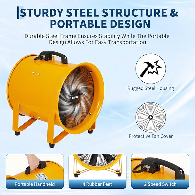 16 Inch Air Mover Blower Fan, 5500 CFM Heavy Duty Industrial Exhaust Fan 2-Speed Adjustable with 32.8 ft Flexible Duct, Low-Noise Portable Blower Exhaust Fan for Construction, Workshops