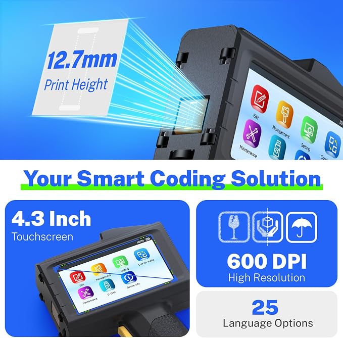 0.5 Inches Print Height Intelligent Handheld Inkjet Printer Lasts 16H Weighs Only 390g for Batch Code Date Lot Number Print on Plastic Carton Wood Metal Glass Aluminum with 42ml Fast Dry Ink (Black)
