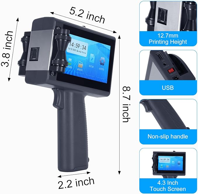 Handheld Inkjet Printer for Flat and Curved Surface with 4.3 Inch Touch Screen, Multi-Language,Prints QR/Text/Date, 2-12.7mm on Metal/Wood/Glass(50m/min),Include Spray coding machine cleaning solution