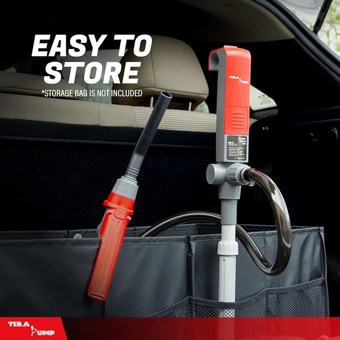 TERA PUMP Fuel Transfer Pump w/Flow Control Nozzle & Telescopic Tube - 3X Powerful D Battery Powered, 10FT XL Long Vinyl Discharge Hose, Multipurpose Portable Battery Pump For Gas, Diesel (2.3 GPM)