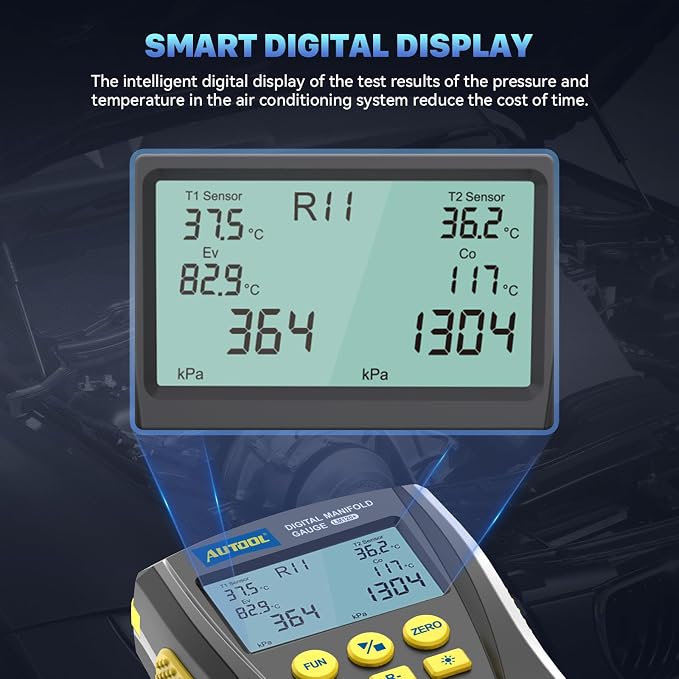 AUTOOL Digital Manifold Gauge HVAC, AC Dual Pressure & Temperature Test, 92 Refrigerant Refrigeration Gauge with Vacuum/Leak Test, LCD Backlight Temp Clamps (LM120)