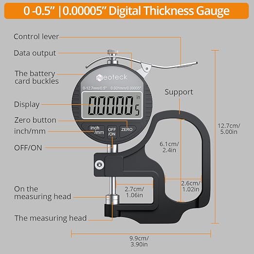 Neoteck Digital Thickness Gauge 0.5inch/12.7mm,0.00005inch/0.001mm LCD Display with Inch/MM Conversion One-Hand Quick Press Thickness Measuring Tool for Leather Paper Fabric Film etc.-Silver-Black
